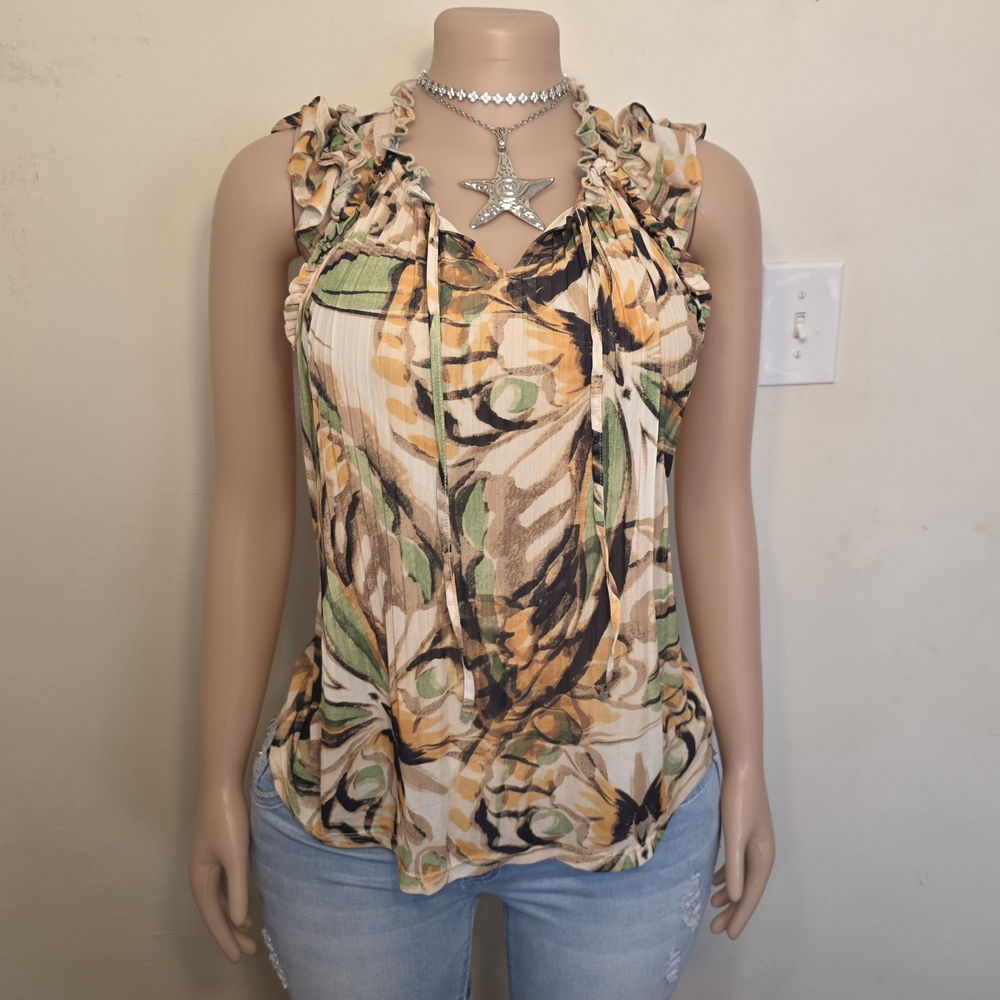 Cable & Gauge Floral Print Ruffled Sleeveless Top in Green, Tan, Black
